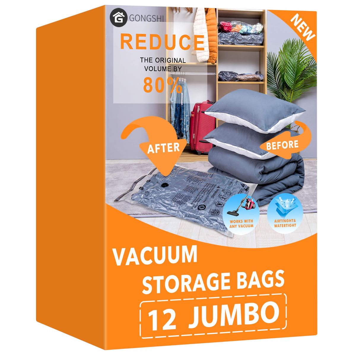 GONGSHI Vacuum Storage Bags for Clothing, 12-Pack, Jumbo