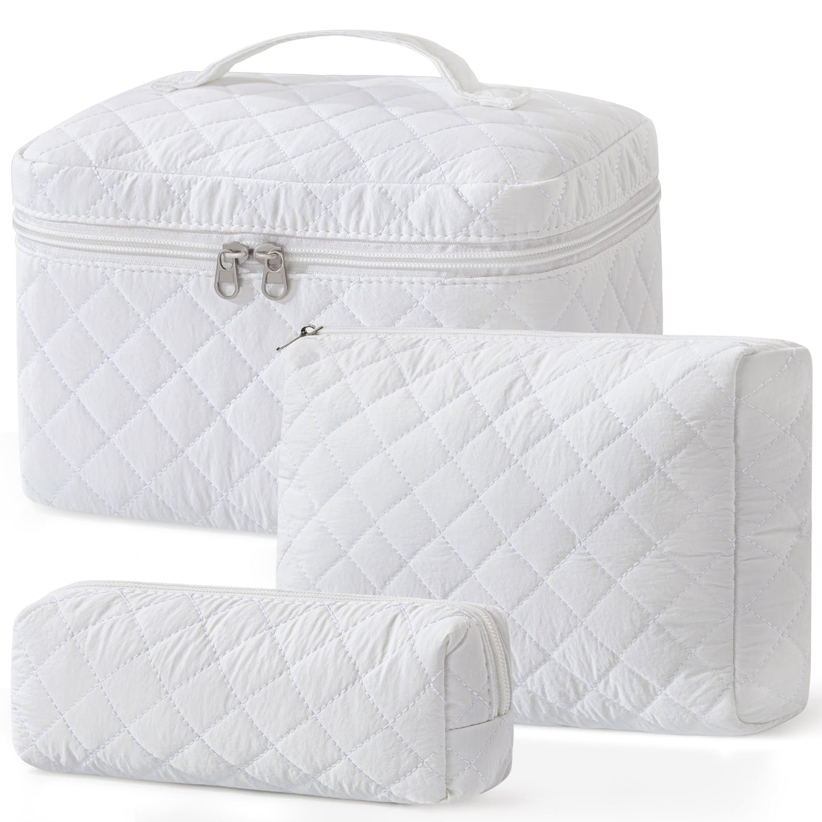 HBselect Quilted Makeup Bag, 3Pcs Cotton Large Travel Makeup Bags Organizer