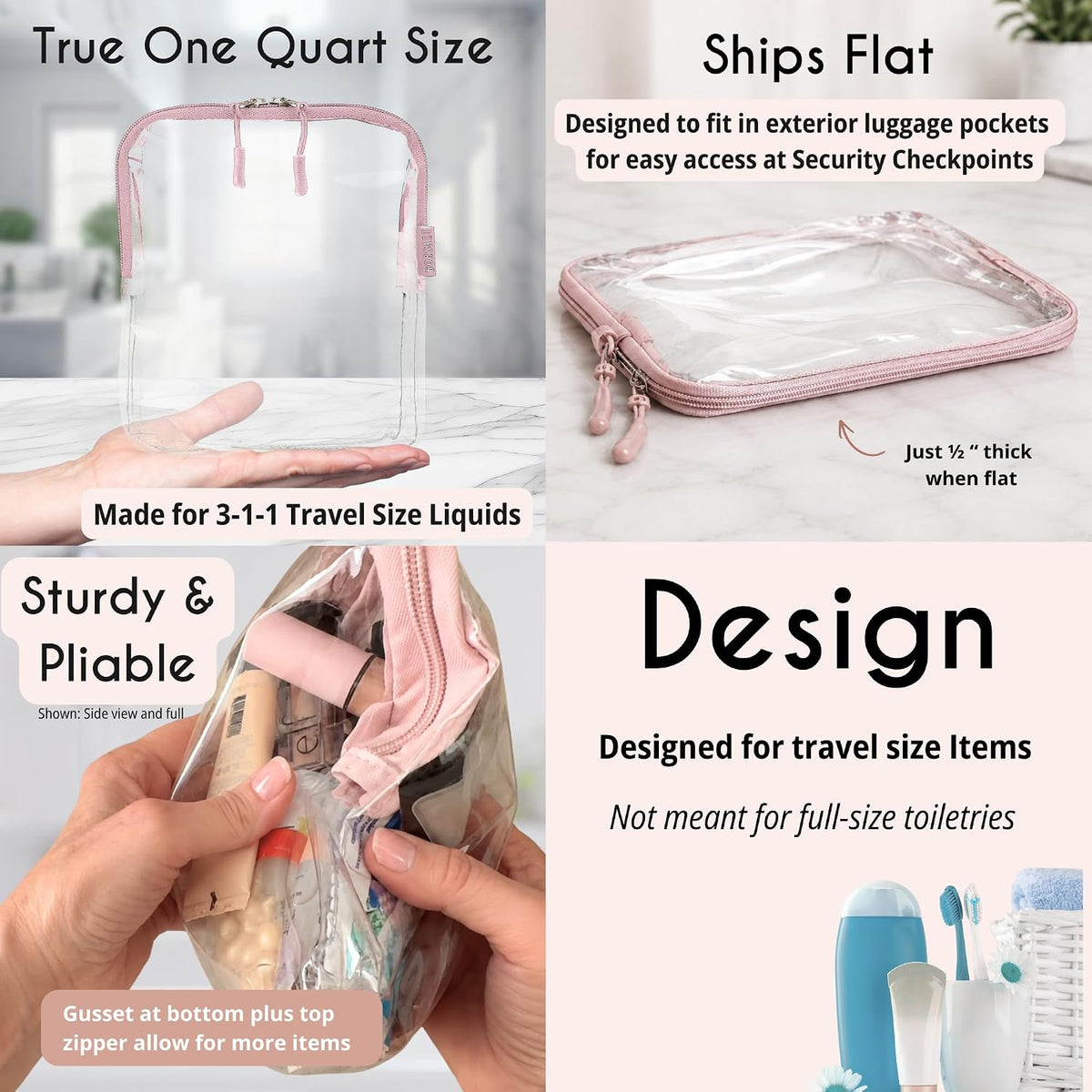 TSA Approved Toiletry Bag - Clear Quart Size for 3-1-1 LIquids - 4 Pack