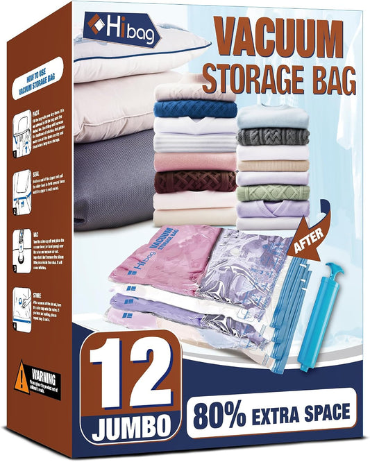 12 Jumbo Vacuum Storage Bags for Bedding, Vacuum Seal Bags for Clothing