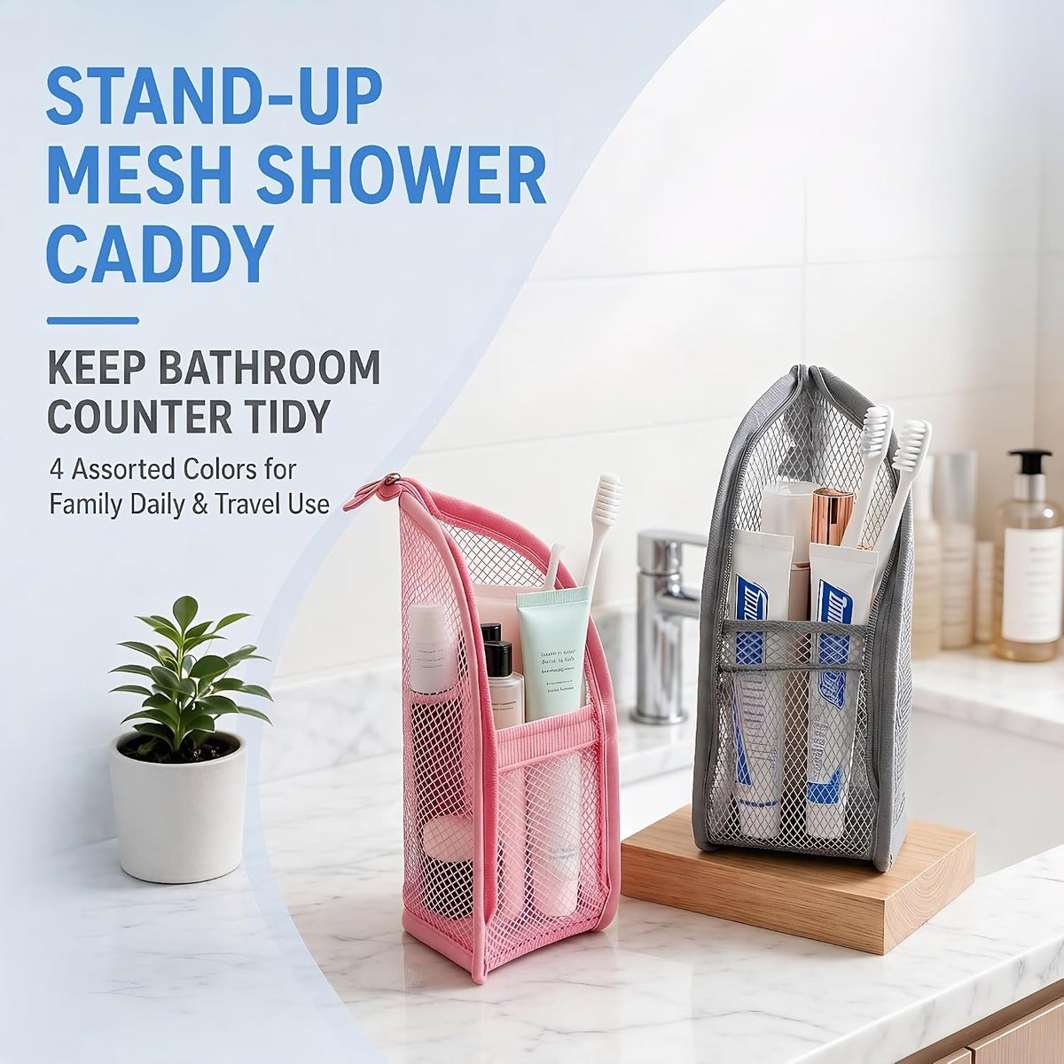 4PCS Standing Toiletry Bag, Upright Portable Waterproof Toiletry Bag, Mesh Travel Organizer Bags for Women&Men(White+Pink+Grey+Purple)