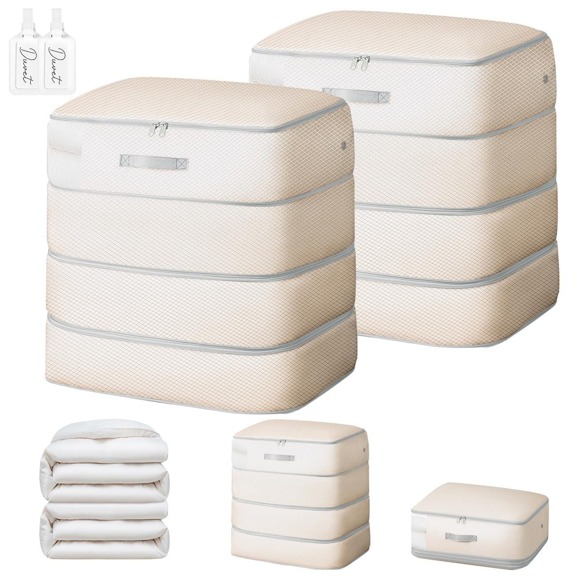 Comforter Storage Bag - 130L Large Capacity Blanket Storage Bags 4-Layer Ultra Space Saving Self Compression Organizer, Washable Compression Bags for Storage Comforter Blanket, 2-Pack, Beige