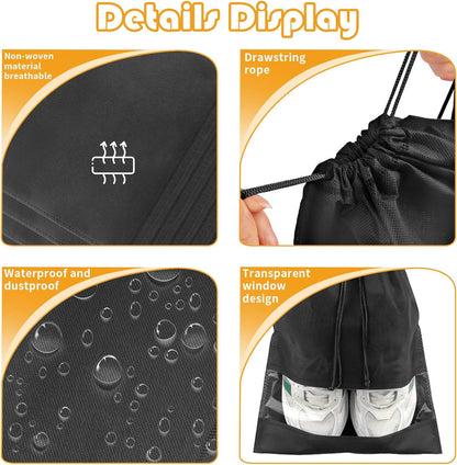 Black Travel Shoe Bags - 5 Pcs Non-Woven Packing Bags with Clear Window