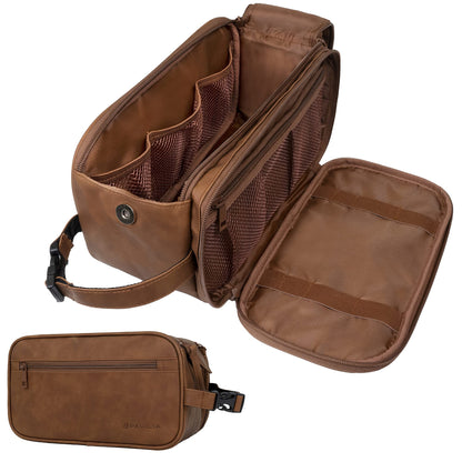 PAVILIA Toiletry Bag for Men, Travel Essentials Shaving Dopp Kit, Mens Travel Bag Toiletries Organizer Case for Grooming, PU Leather Water Resistant Cosmetic Bag Pouch (Dark Brown)
