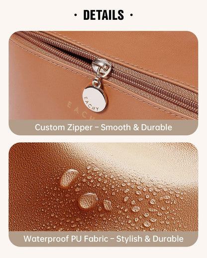 EACHY Travel Makeup Bag for Women, PU Leather Cosmetic Bag, Brown, Medium