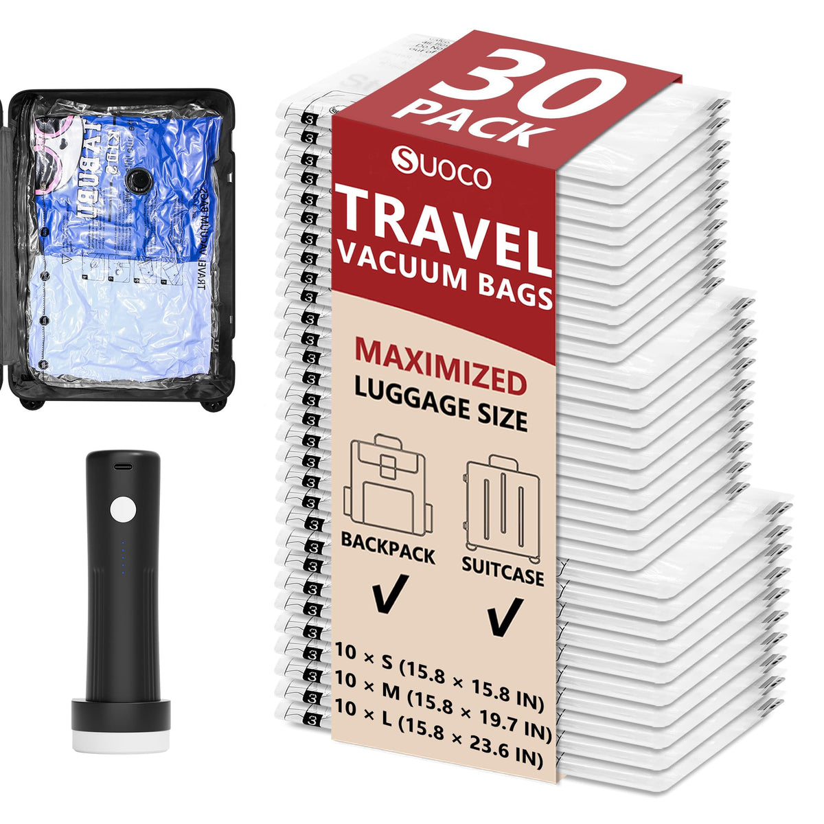 Travel Vacuum Bags for Clothing with Cordless Pump 18 Combo, Clear