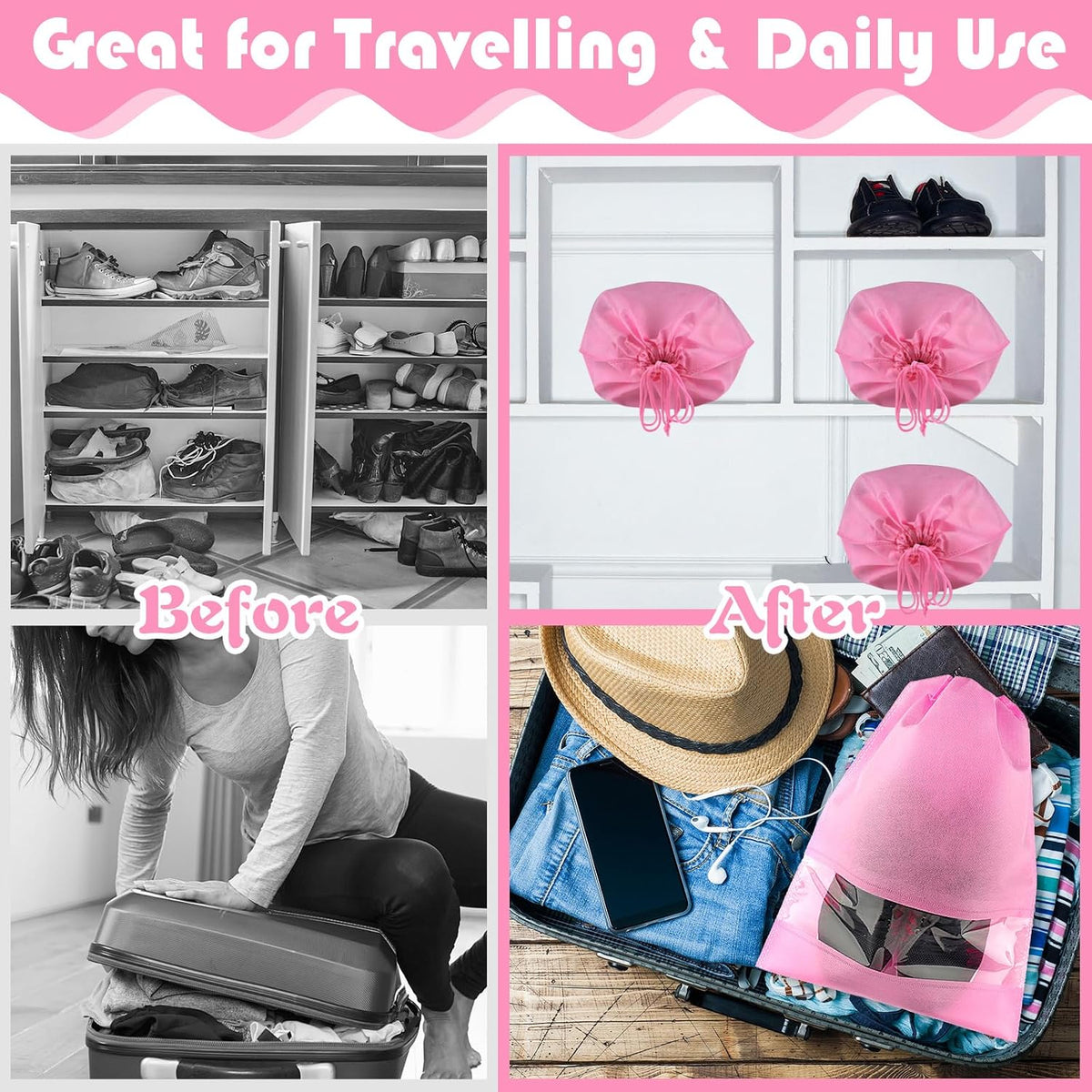 Pink Travel Shoe Bags - 5 Pcs Non-Woven Packing Bags with Clear Window