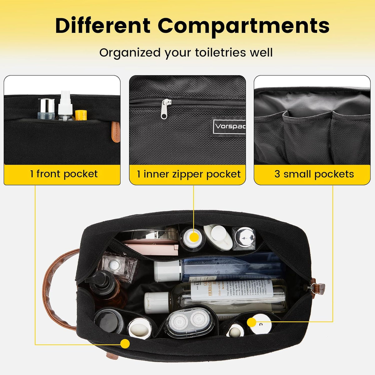 Vorspack Canvas Travel Toiletry Bag for Men, Medium, Black