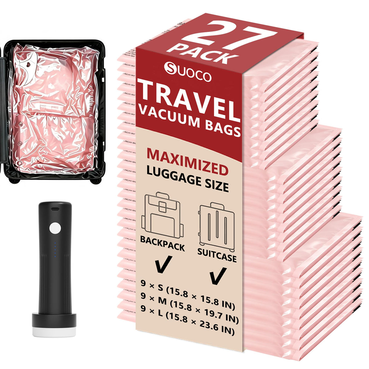 Travel Vacuum Bags for Clothing with Cordless Pump 18 Combo, Clear