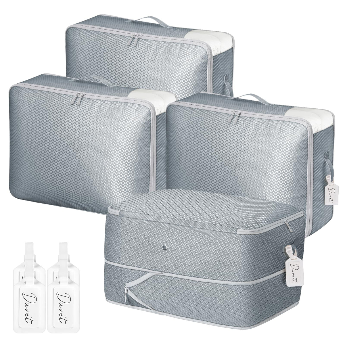 DIMJ Comforter Storage Bag 4 Pack - Blanket Storage Organizer Compression Bags, Large Capacity Ultra Space Saving Self Compression Organize for Bedding, Pillow, Duvet, Sheet Storage with Zipper Window
