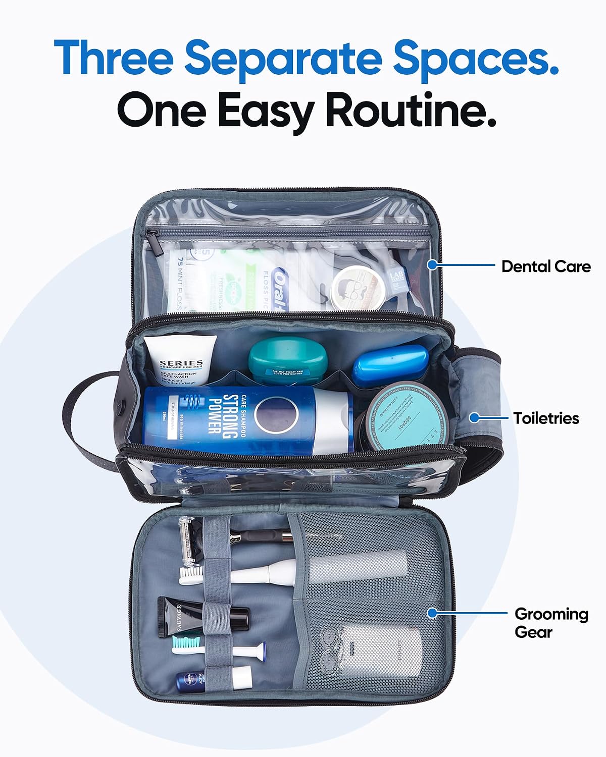 ZEEMO Travel Toiletry Bag for Men, Full Open Dopp Kit with Dual Compartment