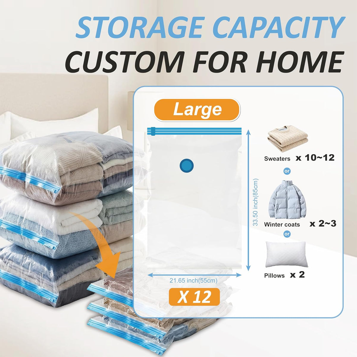 Vacuum Storage Bags with Hand Pump, Vacuum Seal Space Saver Bags,12 Large