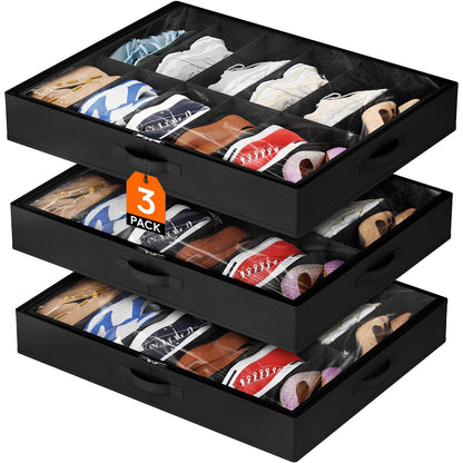 Lifewit Under Bed Shoe Storage Organizer 2 Pack(12 Shoes Cells), 4.3 Inches Profile Fabric Shoes Container Box with Clear Cover, Foldable Storage Bag with 2 Handles, Fits 12 to 24 Pairs