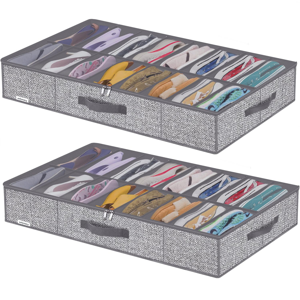 Onlyeasy Sturdy Under Bed Shoe Storage Organizer, Set of 2, Fit 12 to 24 Pairs, Underbed Shoes Closet Storage Solution with Clear Window, Breathable, L29.3 x W23.6 x H5.9, Linen-like Black, MXAUBSB2P