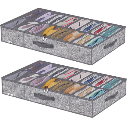 Onlyeasy Sturdy Under Bed Shoe Storage Organizer, Set of 2, Fit 12 to 24 Pairs, Underbed Shoes Closet Storage Solution with Clear Window, Breathable, L29.3 x W23.6 x H5.9, Linen-like Black, MXAUBSB2P