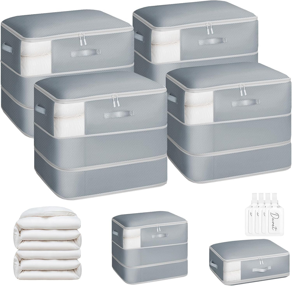 DIMJ Comforter Storage Bag 4 Pack - Blanket Storage Organizer Compression Bags, Large Capacity Ultra Space Saving Self Compression Organize for Bedding, Pillow, Duvet, Sheet Storage with Zipper Window