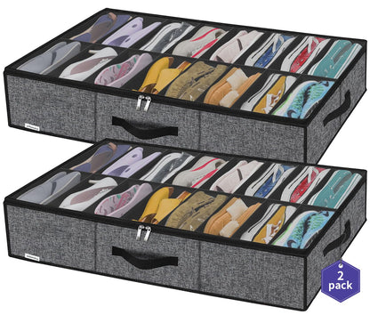 Onlyeasy Sturdy Under Bed Shoe Storage Organizer, Set of 2, Fit 12 to 24 Pairs, Underbed Shoes Closet Storage Solution with Clear Window, Breathable, L29.3 x W23.6 x H5.9, Linen-like Black, MXAUBSB2P