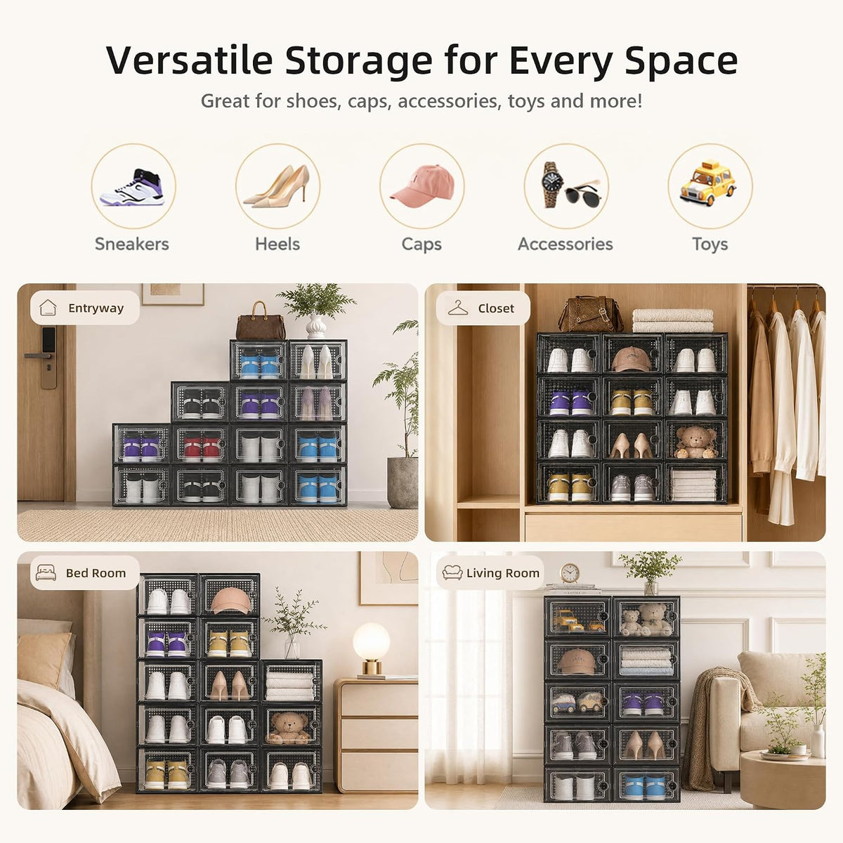 Kuject X-Large Shoe Storage Boxes 12 Pack, Clear Stackable Shoe Organizer
