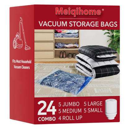 MEIQIHOME 18 Pack PackEase Travel Vacuum Bags 1500mAh Wireless Pump, 80% Compression Space Saver for Luggage, Clear PA+PE Reusable Seal Bags for Clothes, Portable Electric Air Pump for Travel & Home