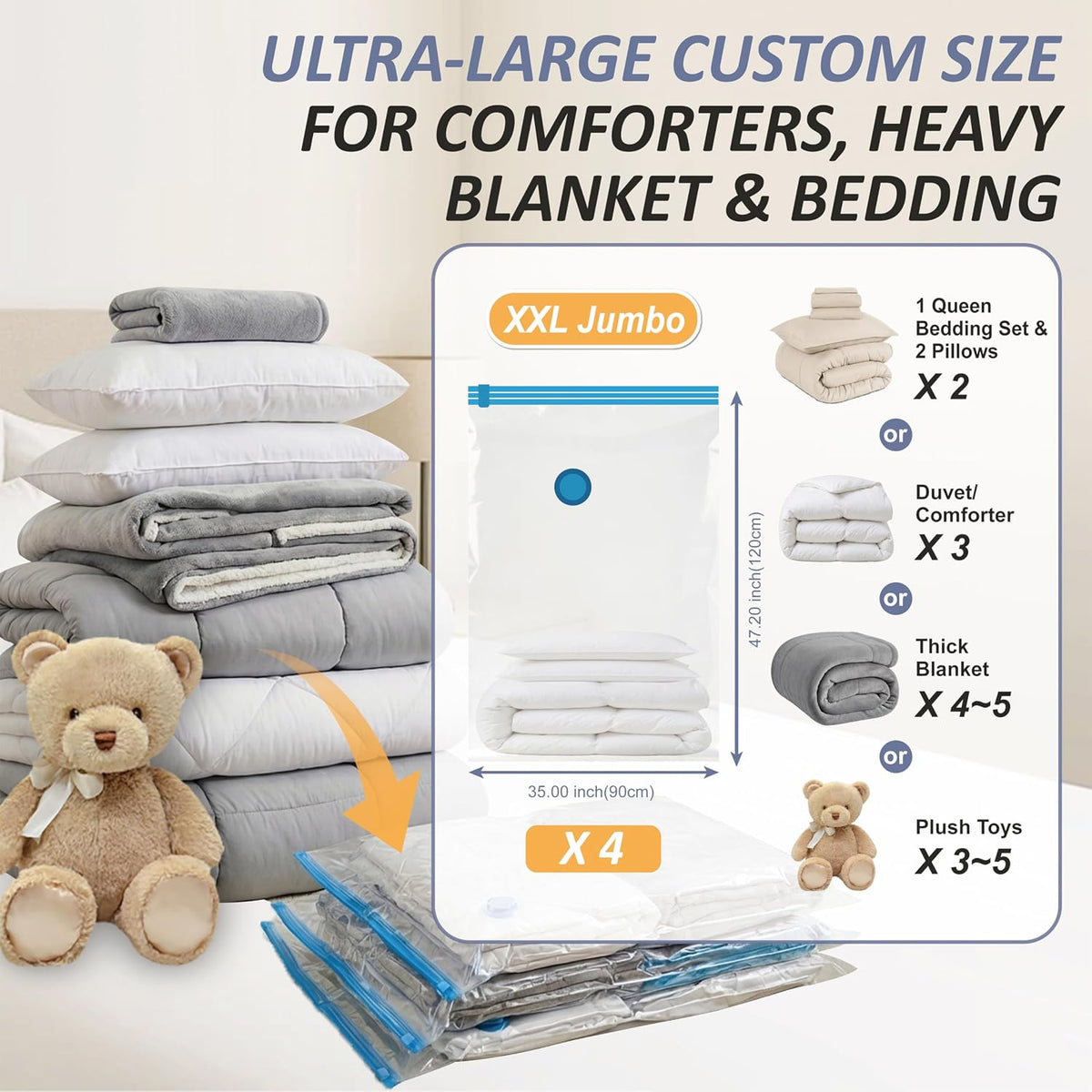 4 XXL Jumbo Vacuum Storage Bags for Bedding, Space Saver with Hand Pump