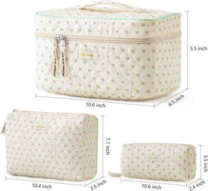 HBselect Quilted Makeup Bag, 3Pcs Cotton Large Travel Makeup Bags Organizer