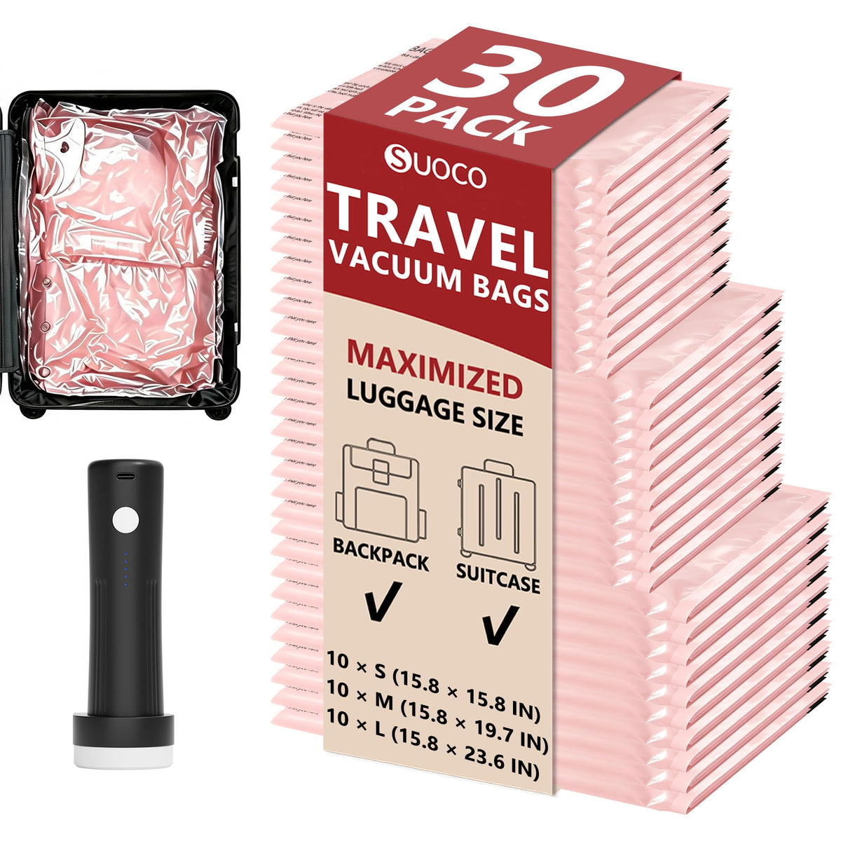 Travel Vacuum Bags for Clothing with Cordless Pump 18 Combo, Clear