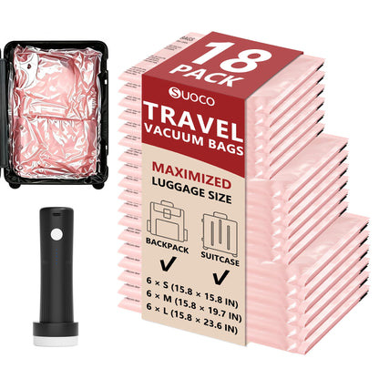 Travel Vacuum Bags for Clothing with Cordless Pump 18 Combo, Clear