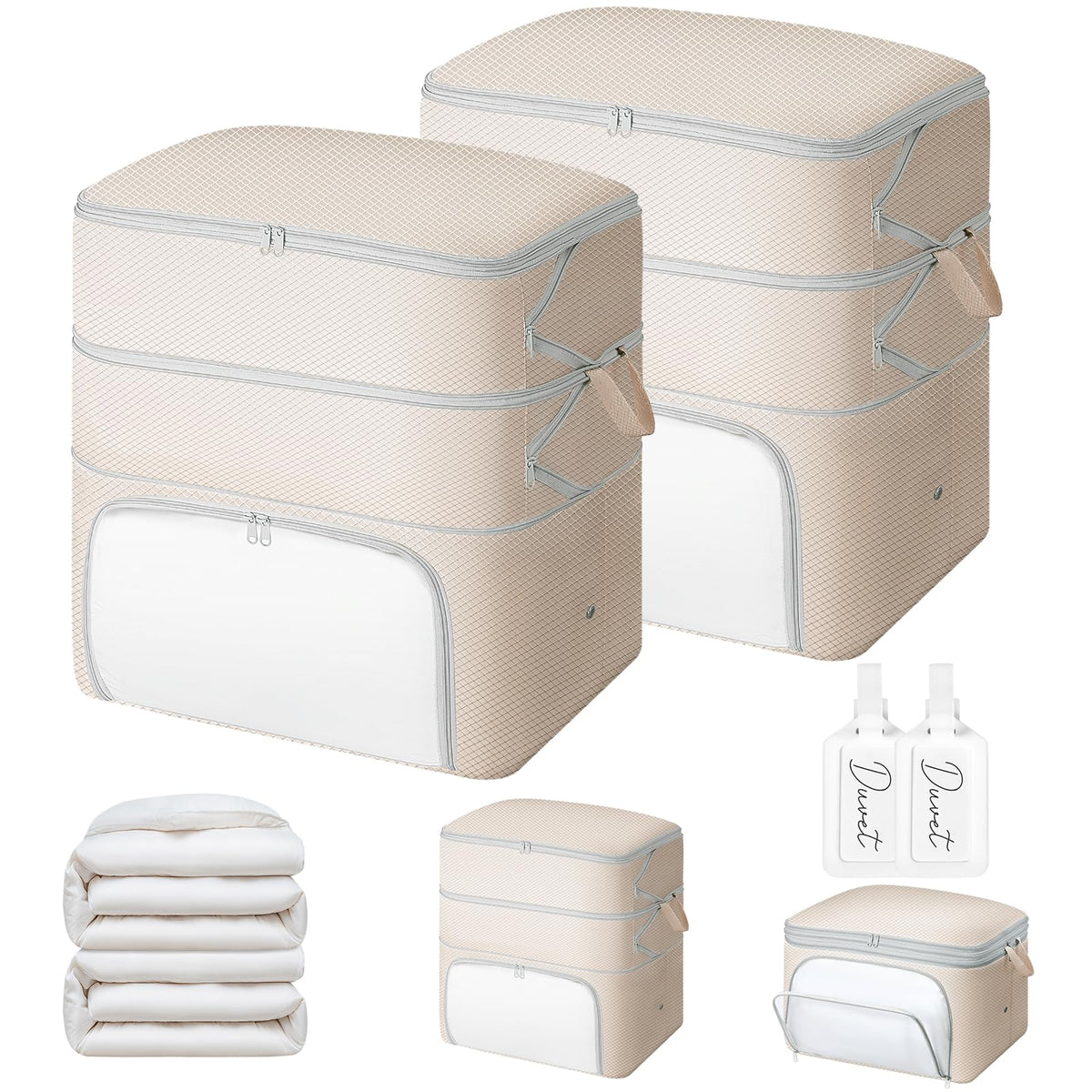 Comforter Storage Bag - Large Capacity Blanket Storage Bags Front-opening Ultra Space Saving Self Compression Organizer, Washable Compression Bags for Storage Comforter Blanket, 1 Pack, Beige