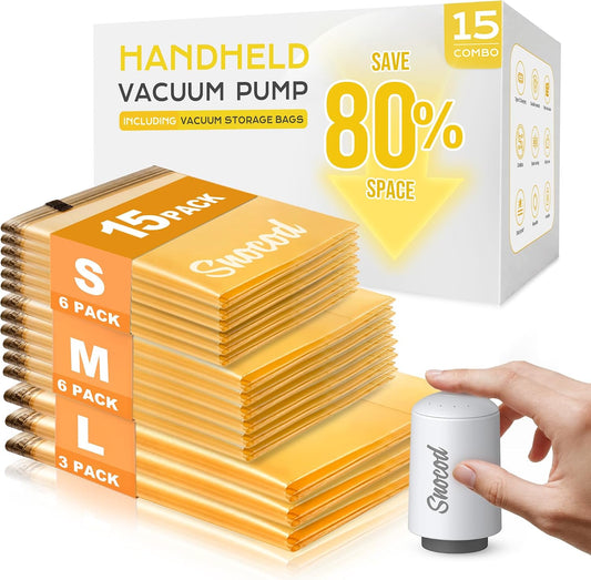 Vacuum Storage Bags with Electric Pump, 15 Reusable Compression Bags for Clothes, Bedding and Travel, Space Saving Storage Bags for Closet and Home Organization, White