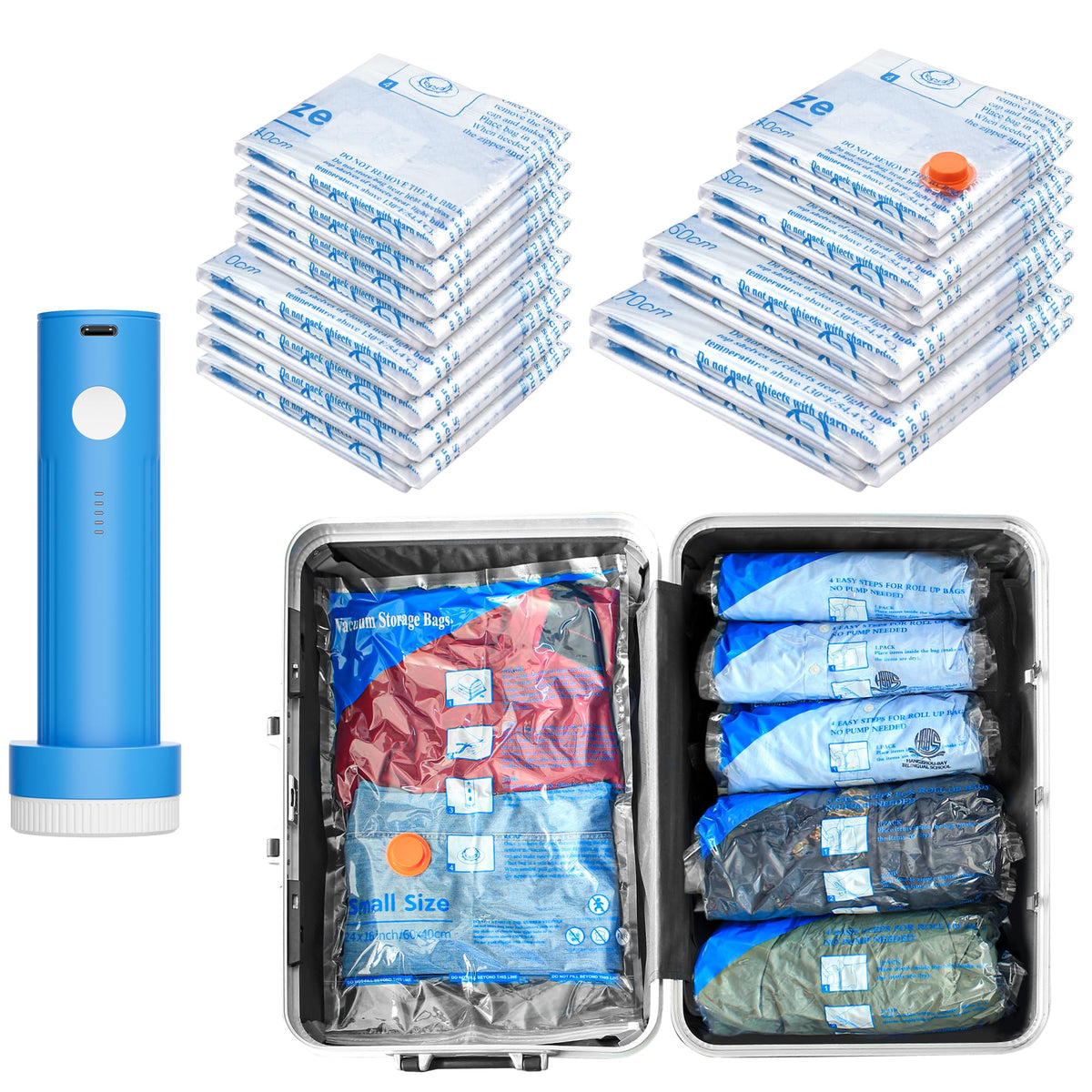 MEIQIHOME 18 Pack PackEase Travel Vacuum Bags 1500mAh Wireless Pump, 80% Compression Space Saver for Luggage, Clear PA+PE Reusable Seal Bags for Clothes, Portable Electric Air Pump for Travel & Home