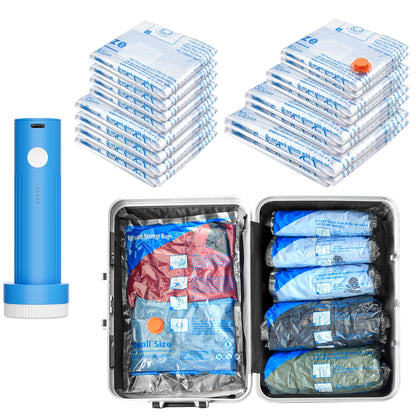 MEIQIHOME 18 Pack PackEase Travel Vacuum Bags 1500mAh Wireless Pump, 80% Compression Space Saver for Luggage, Clear PA+PE Reusable Seal Bags for Clothes, Portable Electric Air Pump for Travel & Home