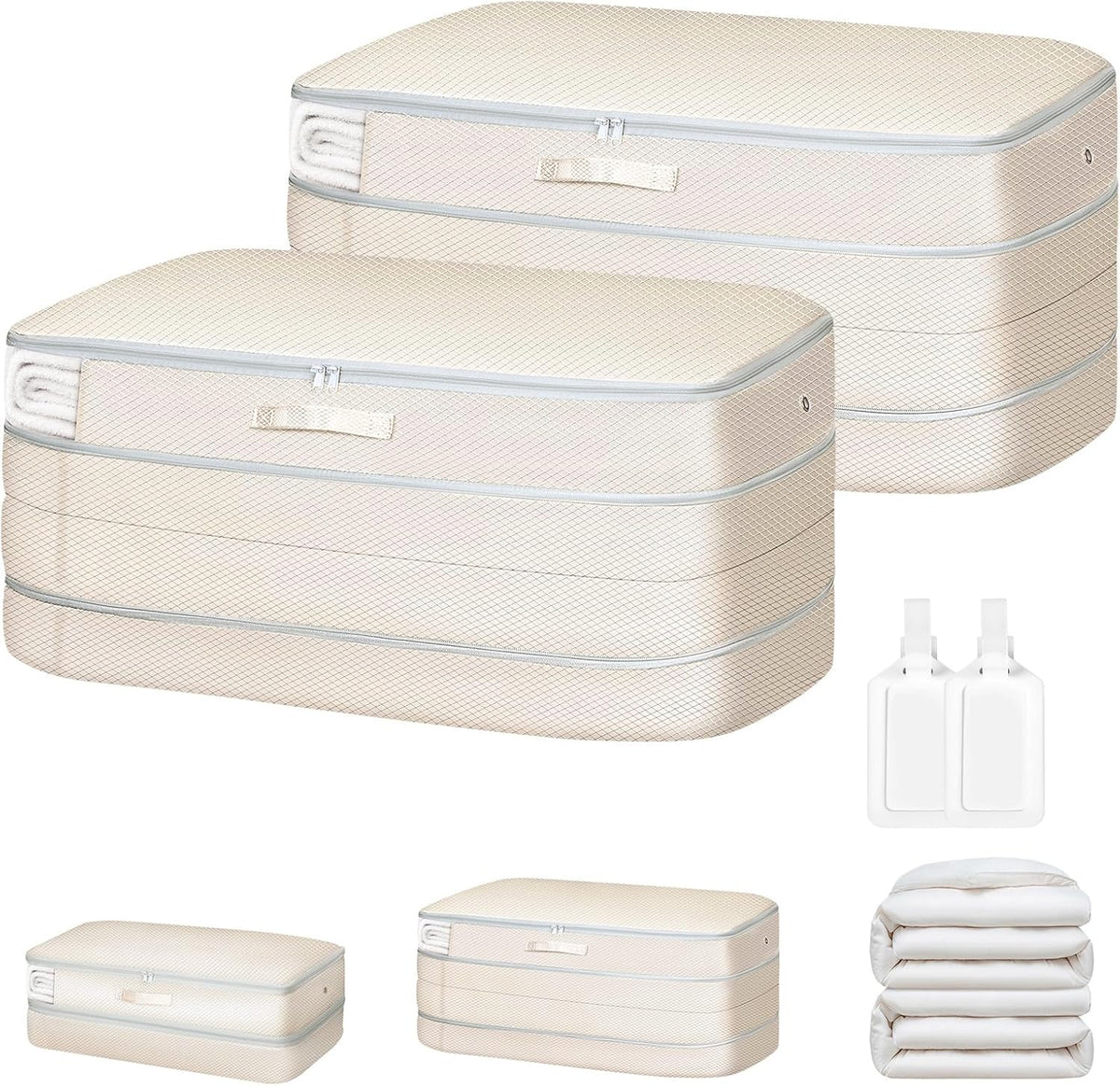 Comforter Storage Bag - Large Capacity Bedding Storage Bags Ultra Space Saving Self Compression Organizer, Washable Compression Bags for Storage Comforter Blanket Duvet Pillow, 2-Pack, Beige