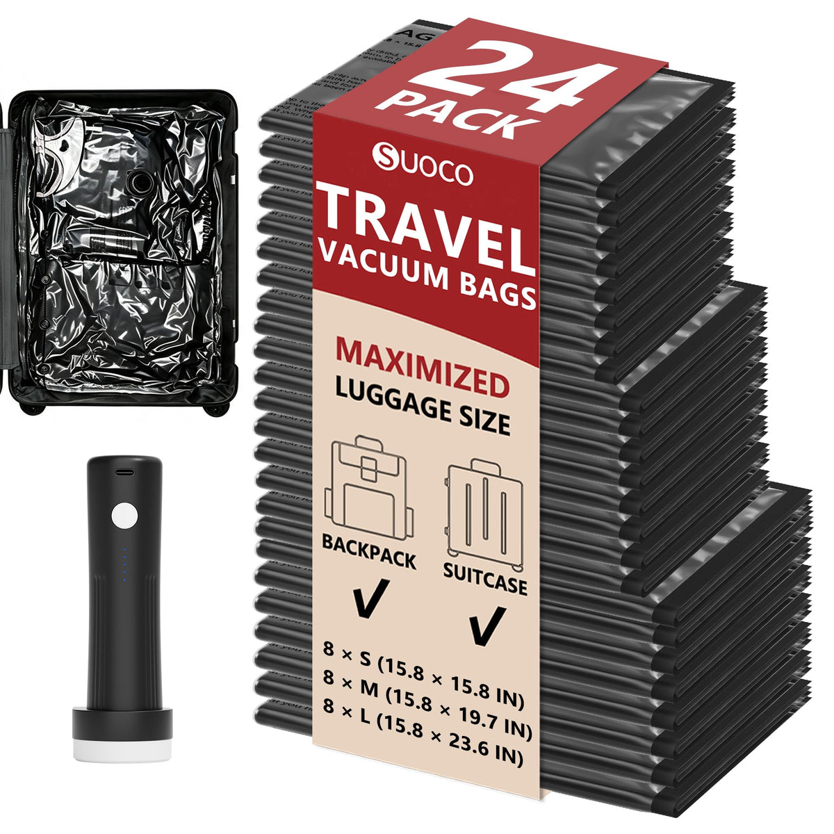 Travel Vacuum Bags for Clothing with Cordless Pump 18 Combo, Clear