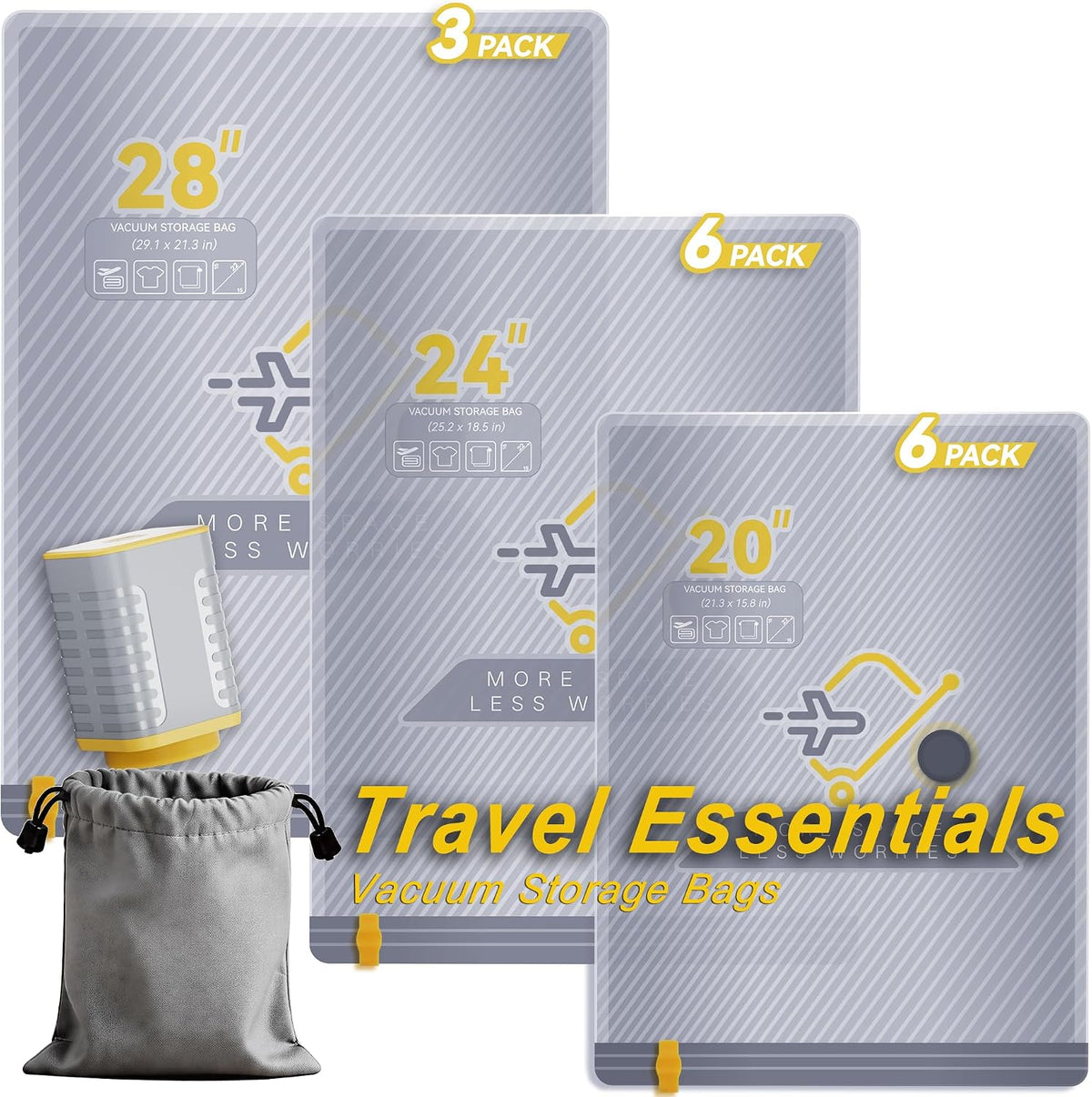 15-Pack Vacuum Bags for Travel with Wireless Rechargeable Pump | Carry-on Size Compression Packing Bags for Luggage & Suitcase, Space Saver for Clothes & Home Seasonal Storage, 3S Vacuum