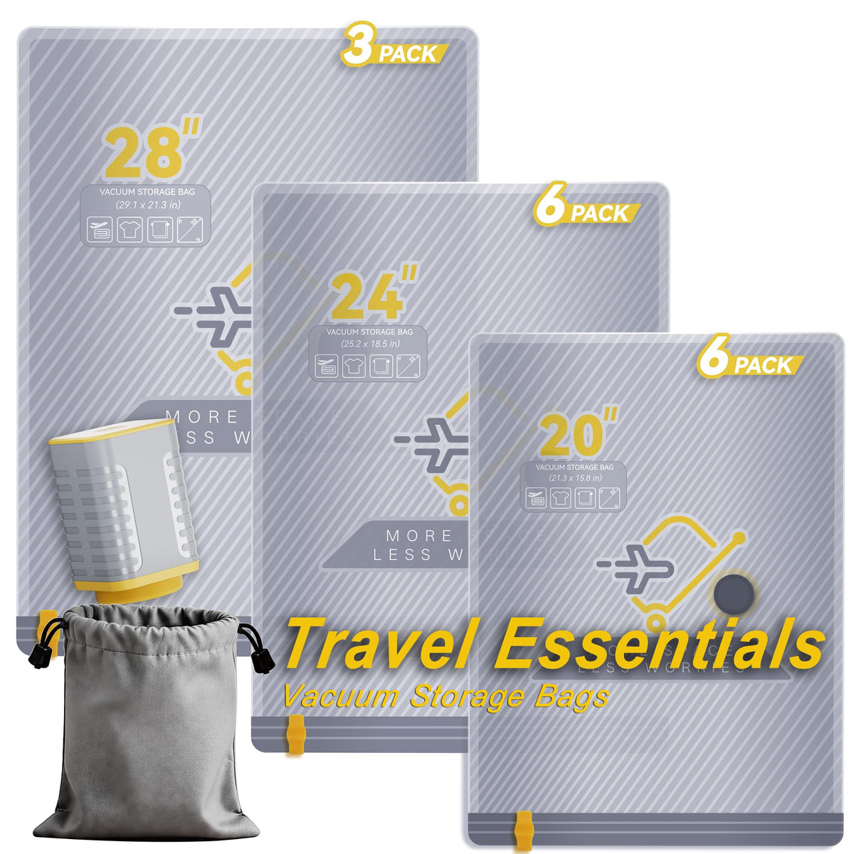 15-Pack Vacuum Bags for Travel with Wireless Rechargeable Pump | Carry-on Size Compression Packing Bags for Luggage & Suitcase, Space Saver for Clothes & Home Seasonal Storage, 3S Vacuum
