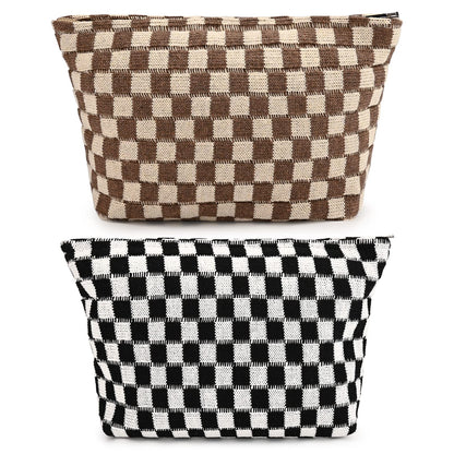 SOIDRAM 2 Pieces Makeup Bag Large Checkered Cosmetic Bag Capacity Canvas Mix Travel Toiletry Bag Organizer Cute Makeup Brushes Aesthetic Accessories Storage Bag for Women, Checkered Mix Rose Red