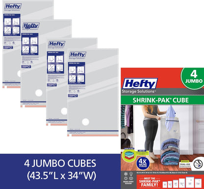 Hefty Shrink-Pak Vacuum Storage Bags – For Clothes, Pillows, Towels, Blankets & More – Space Saver Vacuum Suction Sealer Bags for Home or Travel – 4 Jumbo Cubes, 43.5 x 34 x 18 Inches