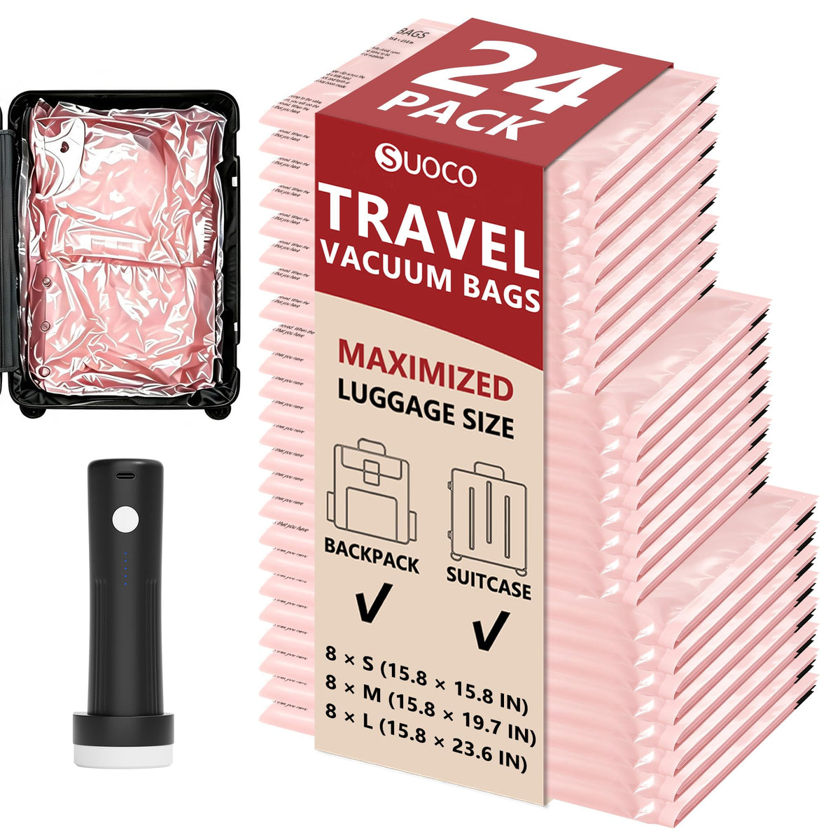 Travel Vacuum Bags for Clothing with Cordless Pump 18 Combo, Clear