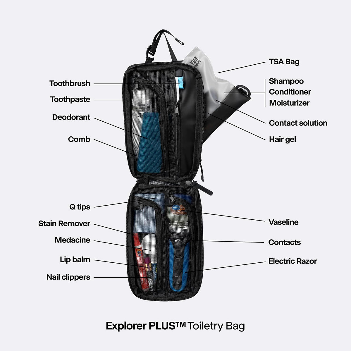 Gravel Hanging Toiletry Bag for Men and Women - Comes in 2 Sizes, Water-Resistant, Durable, Compact, Dopp Kit Travel Toiletry bag (Black, Plus)