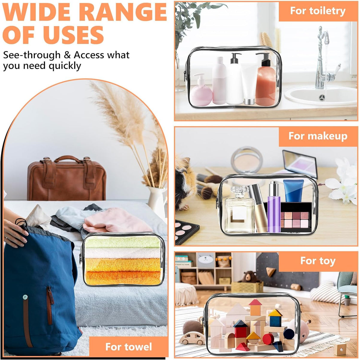 AURUZA Clear Makeup Bag,Portable Travel Toiletry Bags with Zipper, TSA Approved Clear Organizer Bags, PVC Cosmetic Pouch for Airport Airline Compliant