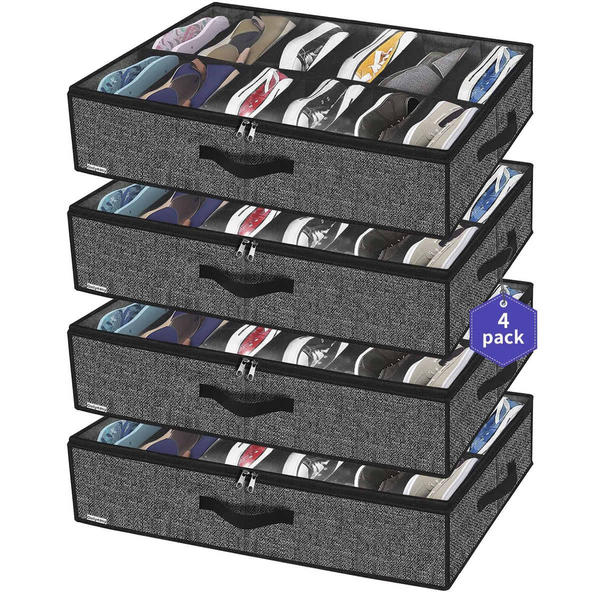 Onlyeasy Sturdy Under Bed Shoe Storage Organizer, Set of 2, Fit 12 to 24 Pairs, Underbed Shoes Closet Storage Solution with Clear Window, Breathable, L29.3 x W23.6 x H5.9, Linen-like Black, MXAUBSB2P