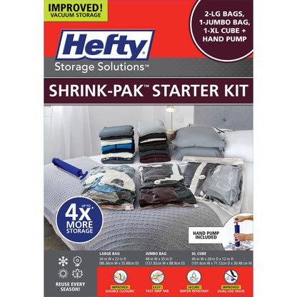 Hefty Shrink-Pak - 4 Large Vacuum Storage Bags for Clothes, Pillows, Towels, or Blankets - Space Saver Vacuum Sealer Bags Ideal Under Bed Storage Solutions