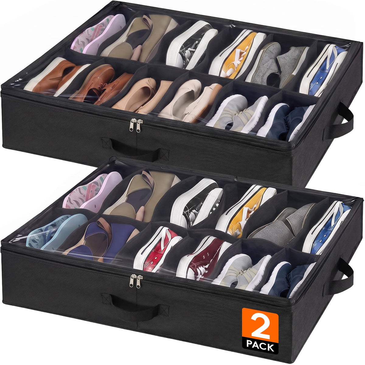 Lifewit Under Bed Shoe Storage Organizer 2 Pack(12 Shoes Cells), 4.3 Inches Profile Fabric Shoes Container Box with Clear Cover, Foldable Storage Bag with 2 Handles, Fits 12 to 24 Pairs