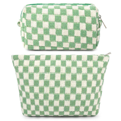 SOIDRAM 2 Pieces Makeup Bag Large Checkered Cosmetic Bag Capacity Canvas Mix Travel Toiletry Bag Organizer Cute Makeup Brushes Aesthetic Accessories Storage Bag for Women, Checkered Mix Rose Red