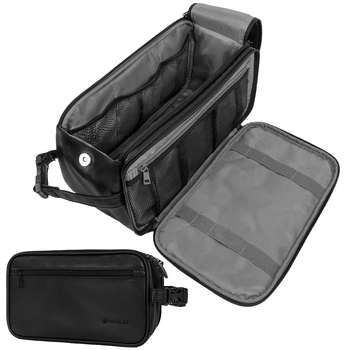 PAVILIA Toiletry Bag for Men, Travel Essentials Shaving Dopp Kit, Mens Travel Bag Toiletries Organizer Case for Grooming, PU Leather Water Resistant Cosmetic Bag Pouch (Dark Brown)