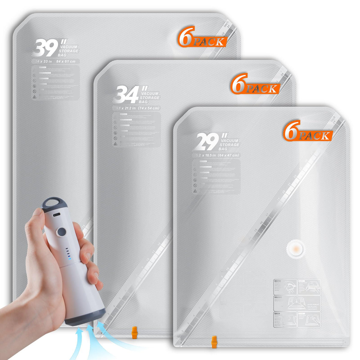 Vacbird 18 Pack Vacuum Storage Bags Set with Rechargeable Wireless Pump Large/Medium/Small Vacuum Seal Bags for Clothing Travel and Home, Compression Packing for Comforters, Blankets and Bedding