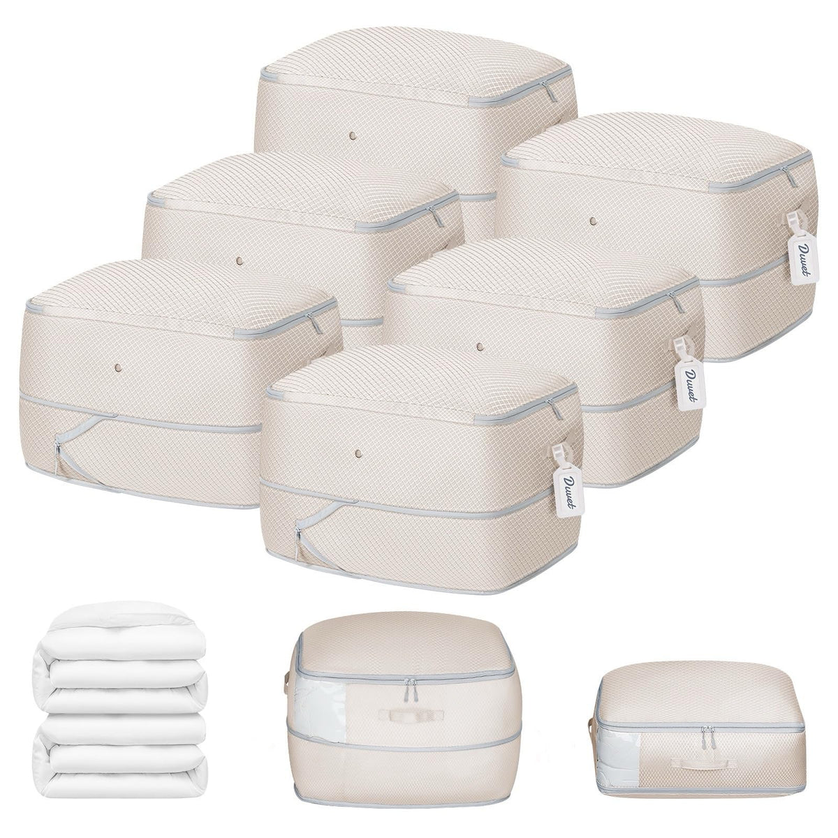 DIMJ Comforter Storage Bag 4 Pack - Blanket Storage Organizer Compression Bags, Large Capacity Ultra Space Saving Self Compression Organize for Bedding, Pillow, Duvet, Sheet Storage with Zipper Window