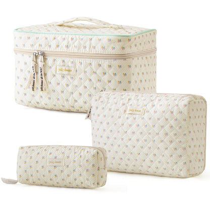 HBselect Quilted Makeup Bag, 3Pcs Cotton Large Travel Makeup Bags Organizer