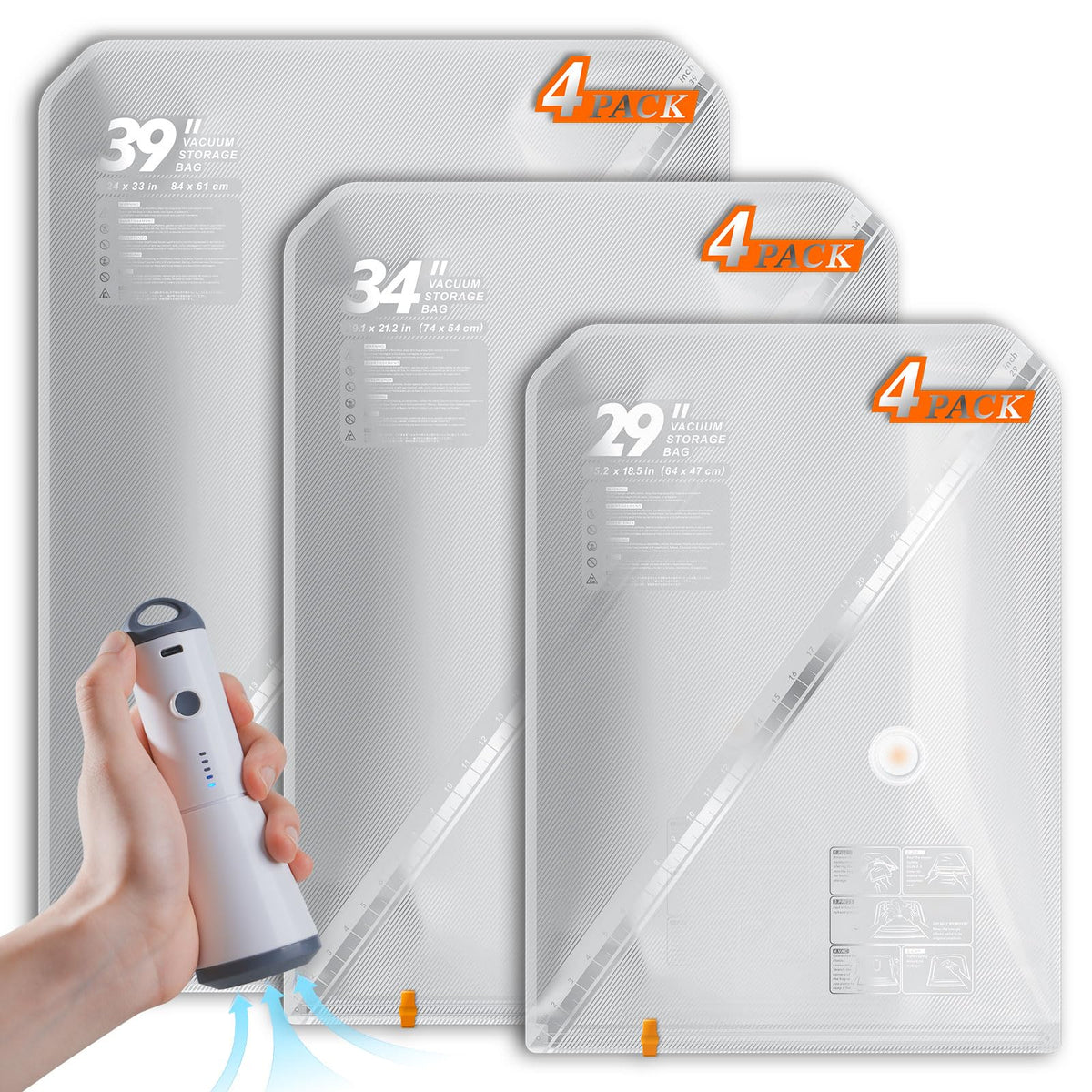 Vacbird 18 Pack Vacuum Storage Bags Set with Rechargeable Wireless Pump Large/Medium/Small Vacuum Seal Bags for Clothing Travel and Home, Compression Packing for Comforters, Blankets and Bedding