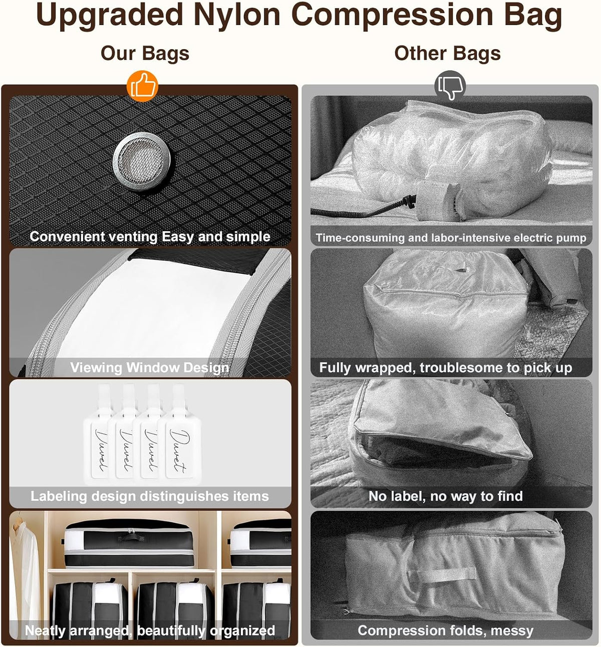 Homsorout 4 Pack Compression Storage Bags - 110L Large Capacity Comforter Storage Bag, 3-Layer Washable Ultra Space Saving Self Compression Organizer Space Bags for Blanket, Sweater, Sheet, Black
